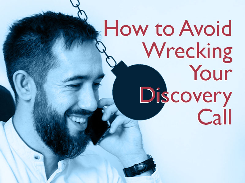 man on a phone with a wrecking ball near him, to illustrate a discovery call going wrong
