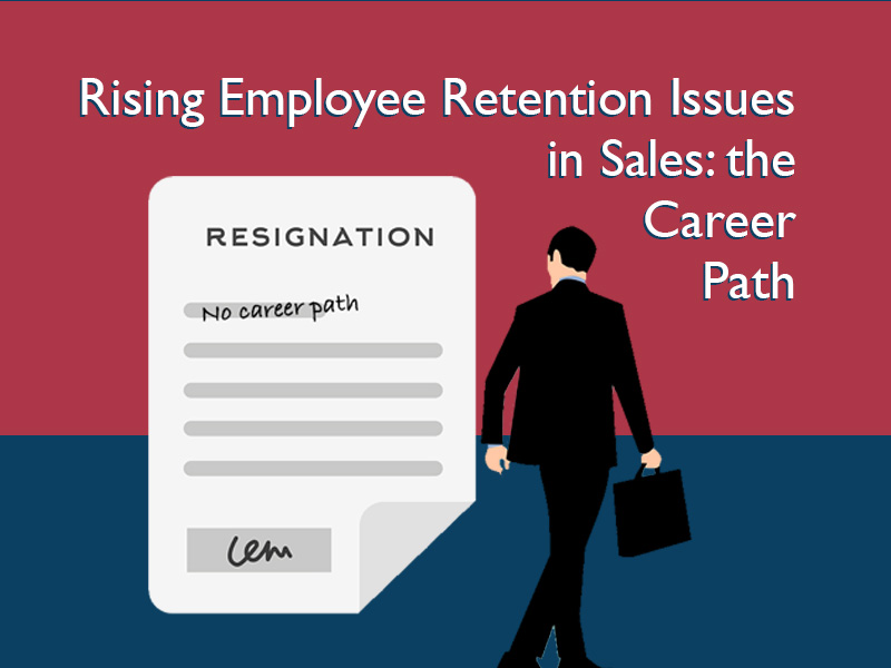resignation letter and figure walking away, to illustrate employee retention issues in sales
