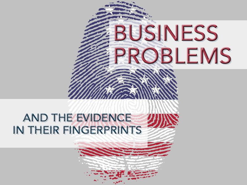 a fingerprint with the US flag on it and the title of the article about business problems and evidence